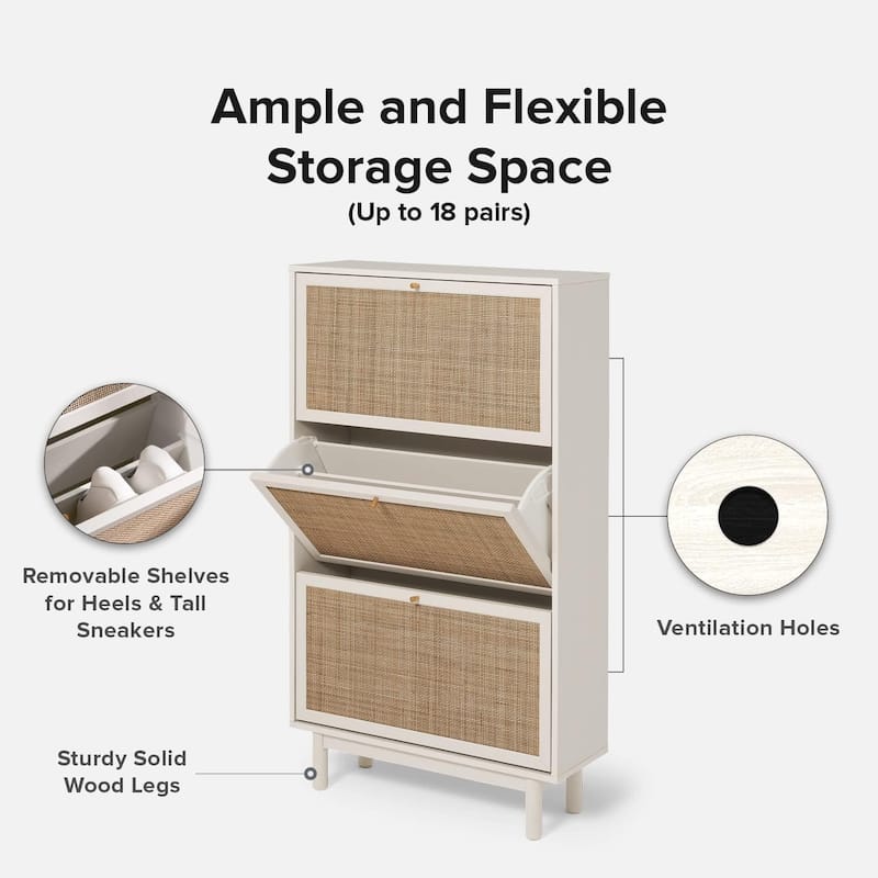 mopio Hannah Shoe Cabinet, Natural Rattan Farmhouse Shoe Organizer, Shoe Storage, Closet Shoe Rack