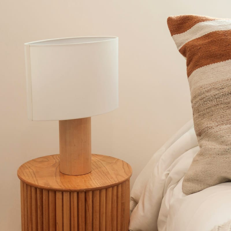 Brightech Mia 15.55 in. Polished Natural Wood Midcentury LED Standing Bedside Desk Table Lamp with Beige Cotton Drum Shade