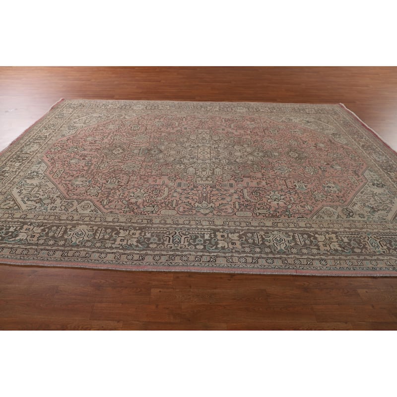 Geometric Pink Tabriz Persian Vintage Rug Hand-Knotted Wool Carpet - 7'11" x 11'2"
