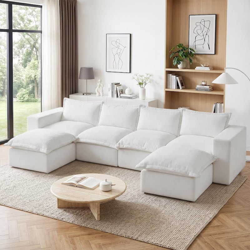 147.9'' W U-Shaped Modular Sectional Sofa Comfy Cloud Couch Chenille Sofa - Beige