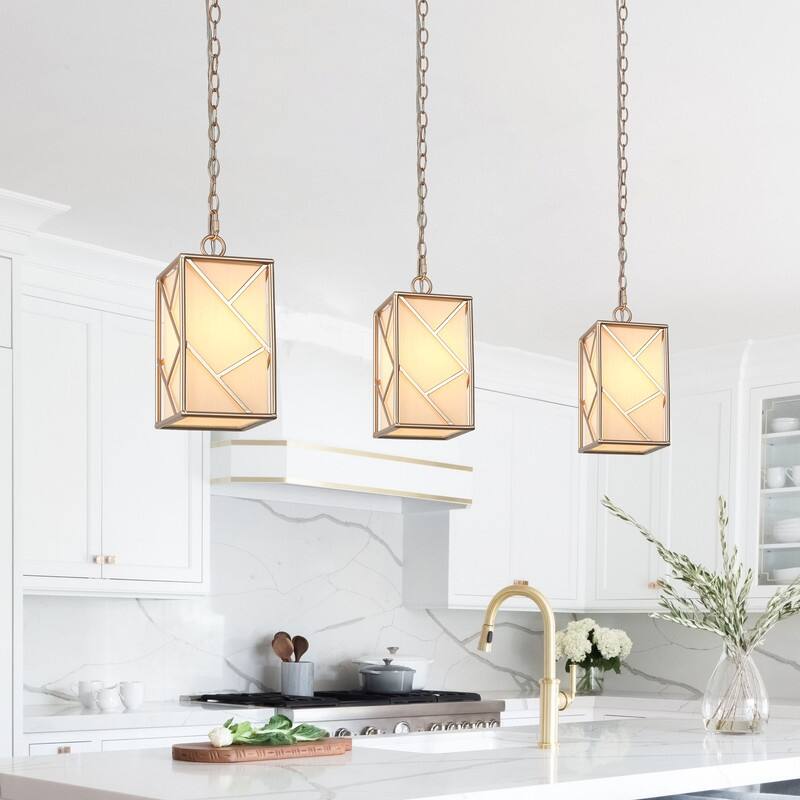 Bella Modern Farmhouse 1-Light Gold Frame Island Pendant Lights with Fabric Shade for Dining Room