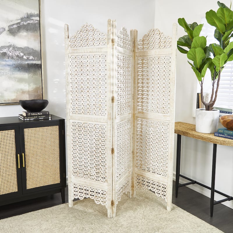 Wooden Geometric Handmade Large Freestanding Adjustable Room Divider Screen with Chain Link Pattern - Cream - Roche River Decor