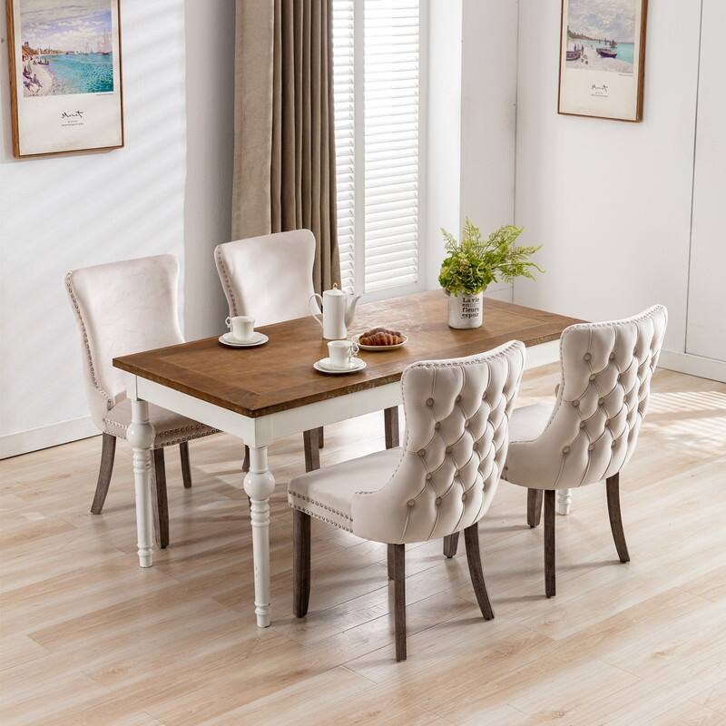 Modern Velvet Upholstered Wing-Back Dining Chair with Nailhead Trim/Solid Wood Legs-Set of 2-Beige