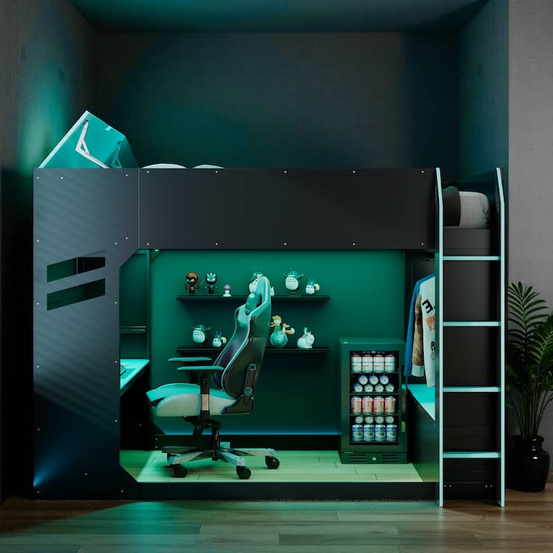 Full Size Wood Loft Bed with Adjustable Desk, Drawers, Storage Shelves, Hanging Rod and RGB LED Lights