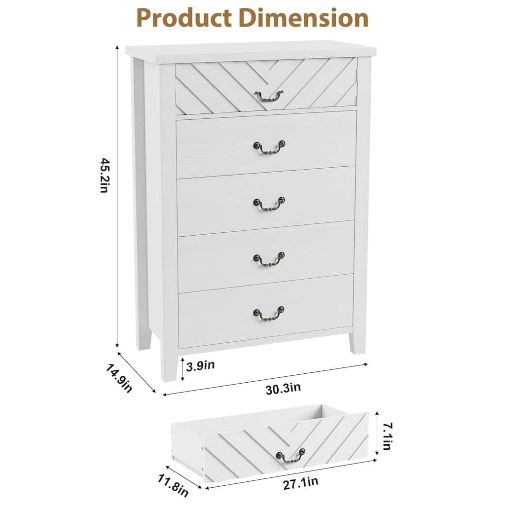 armhouse 5 Dresser for Bedroom, 45.2" Tall Dresser, Vertical Drawer with Storage Freestanding