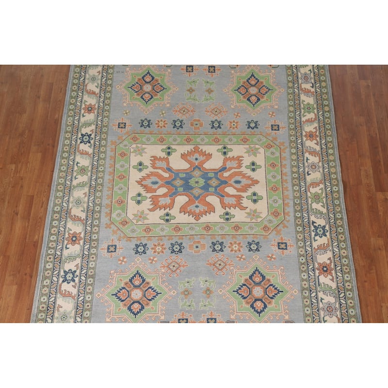 Hand Knotted Oriental 100% Wool Carpet Traditional Geometric Greys & Charcoal Kazak Area Rug - 9' 10'' X 6' 10''