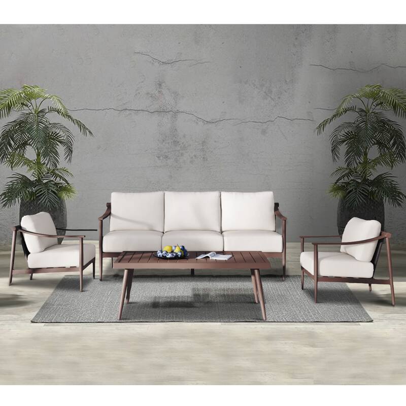 Fena 4pc Outdoor Sofa, 2 Chairs, and Coffee Table Set, Ivory Cushions