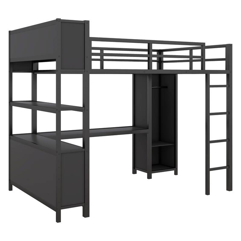 Full Size Metal Loft Bed with Wardrobe, L-shaped Desk, and Storage Cubes