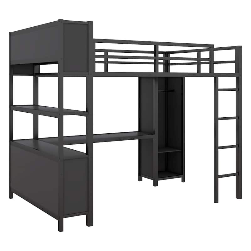 Metal Loft Bed with Wardrobe And L-shaped Desk, Full Size Loft Bed with Storage Cubes and Shelves, Heavy Duty Loft Bed