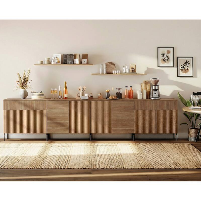 126" Modern Reeded 8-Door Sideboard With Drawers, 4-In-1 Wooden Credenza - Walnut