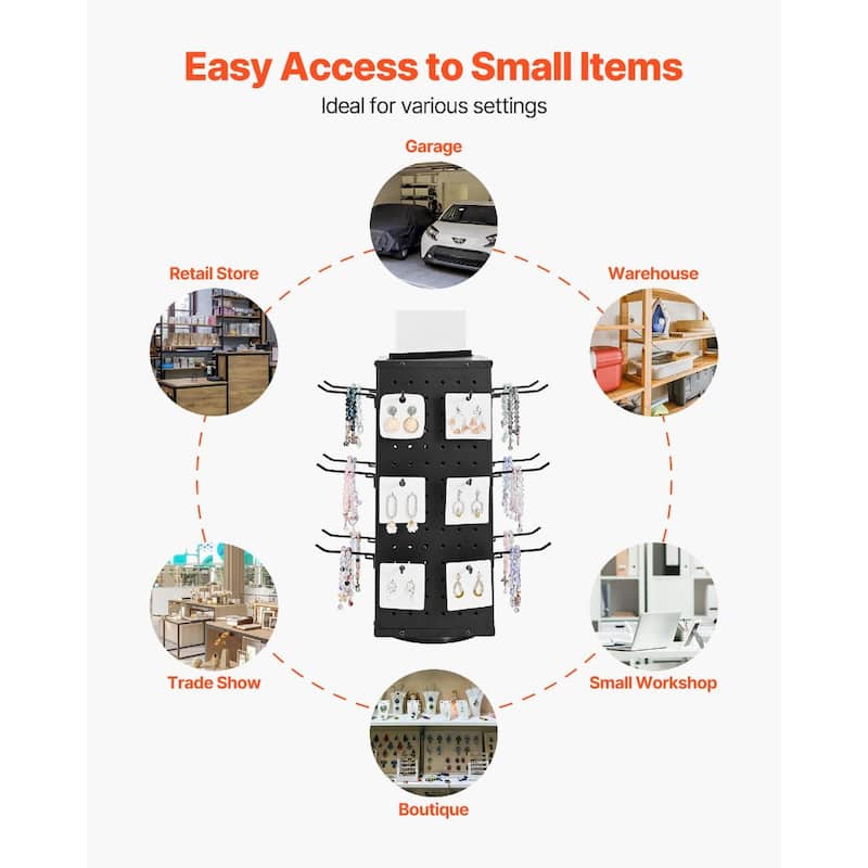 4-Sided Spinning Pegboard Display Rack with 24 Hooks for Tools and Accessories - 7.4 x 7.4 x 20.47 in