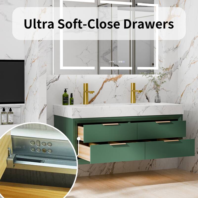 Modland 48" Wall-Mount Double Vanity with LED Light & 6 Drawers - Solid Oak, White / Green - 48 inch