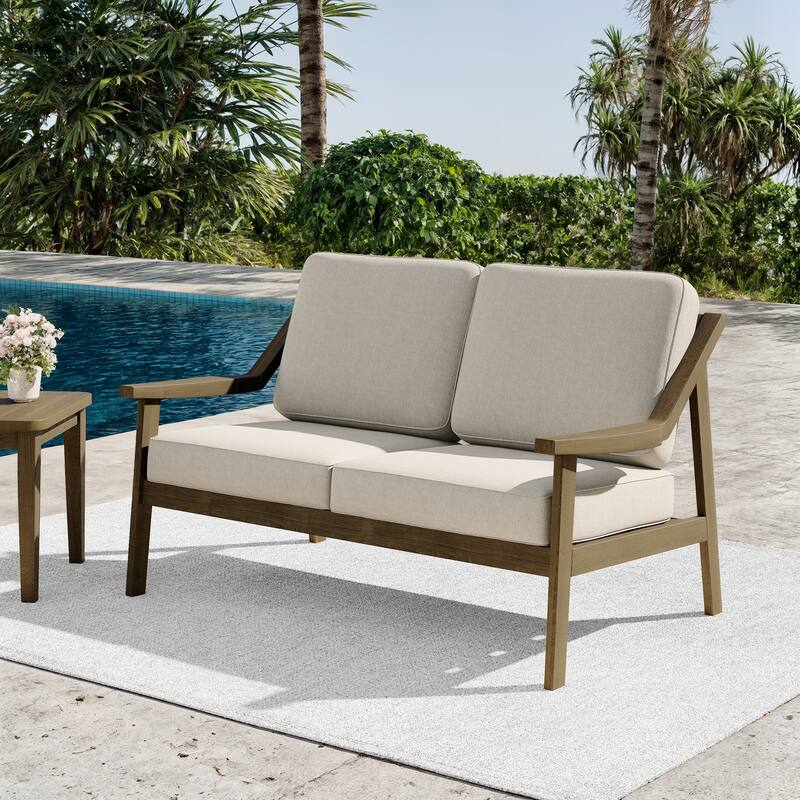 Outdoor Teak Wood Slat Back Patio Loveseat Sofa - NaturalFrame-Light Camel