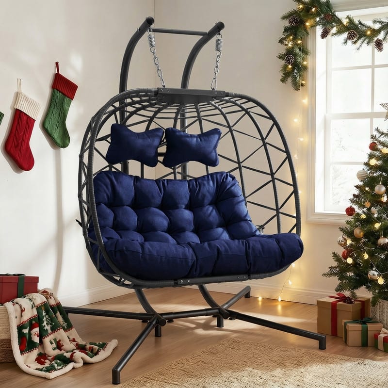 Oversized Outdoor Double Swing Egg Chair, 700 lbs Capacity 2-Person Hanging Egg Chair Swing with Cushion