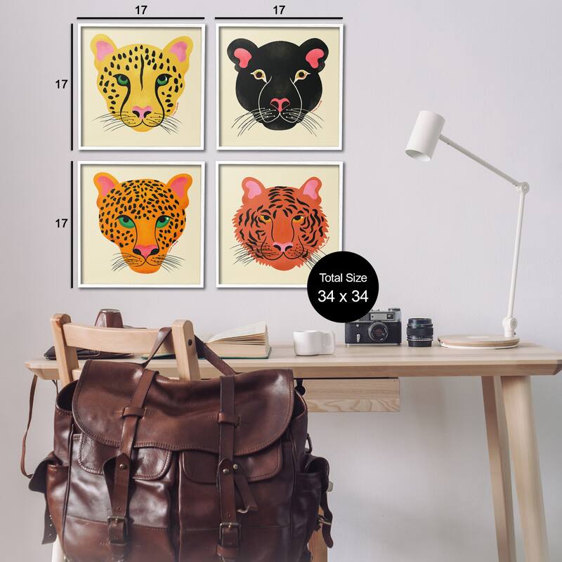 Stupell Modern Jungle Wildlife Faces Framed Giclee Art Design By Carrie Cantwell (Set of 4)