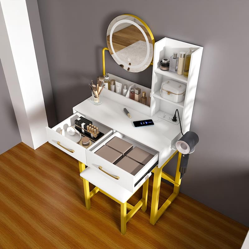 KISRAIS 31.4" Fashion Vanity Desk with Mirror and Lights, Cushioned Stool, Power Station, and Hair dryer bracket