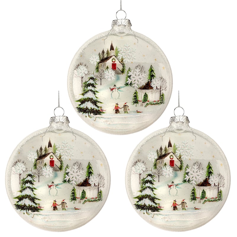 5.5" Glass Disk Winter Scene Ornament Set of 3