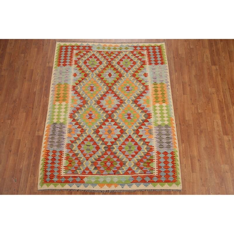 Hand Woven Oriental 100% Wool Carpet Southwestern Geometric Multi-Colored Kilim Area Rug - 6' 7'' X 5' 0''