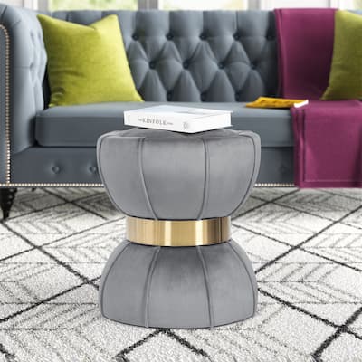 Adeco Modern Velvet Round Ottoman With Gold Metal Band