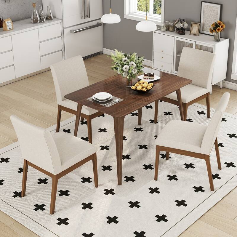 5-Piece Solid Wood Dining Set for 4, 47.2" Rectangular Table with 4 Upholstered Fabric Chairs for Kitchen & Living Room - Light beige,Walnut