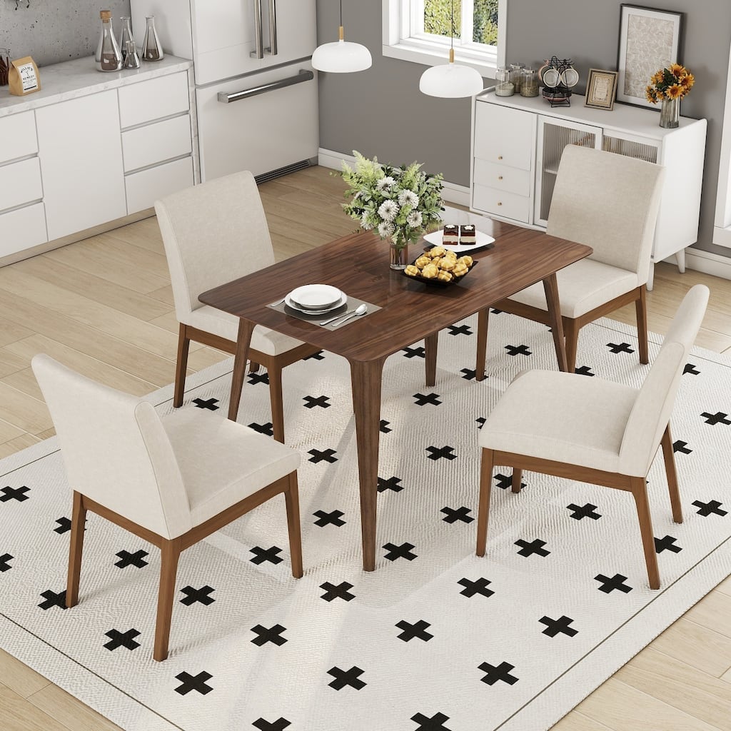 5-Piece Solid Wood Dining Set for 4, 47.2" Rectangular Table with 4 Upholstered Fabric Chairs for Kitchen & Living Room