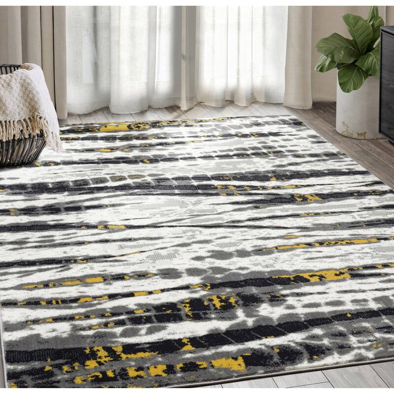 Abani Arto ART250A Contemporary Yellow and Grey Distressed Area Rug On Sale Bed Bath