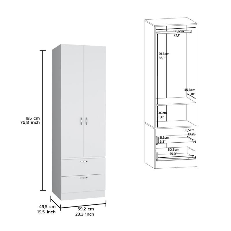 19.5" Modern Double-door Armoire with Hanging Rod, 2 Drawers and 1 Shelf for Bedroom