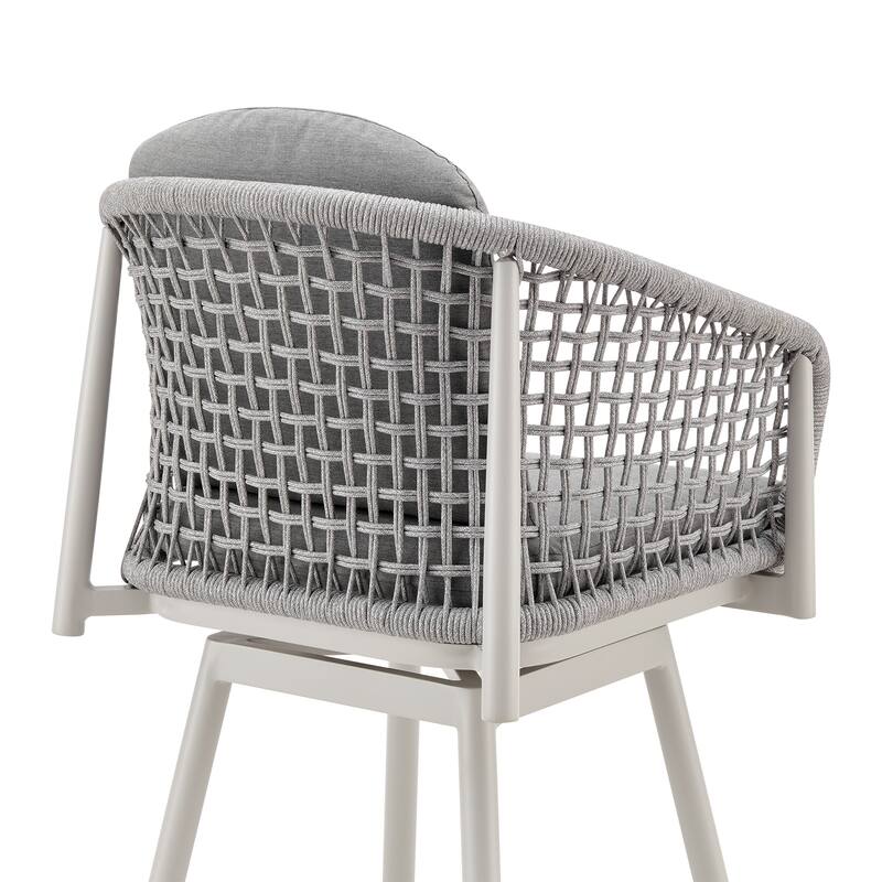 Rhodes Outdoor Patio Swivel Bar Stool in Aluminum with Rope and Cushions