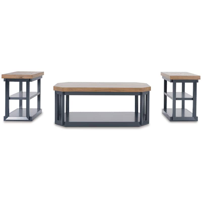 Docken 3pc Coffee n End Table Set, Shelf, Wheels, Dark Blue Slate