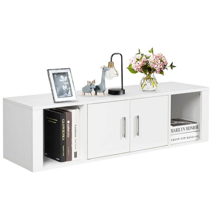 Wall Mounted Floating 2 Door Desk Hutch Storage Shelves-White - 42.5" x 13" x 12" ( L x W x H ) - White