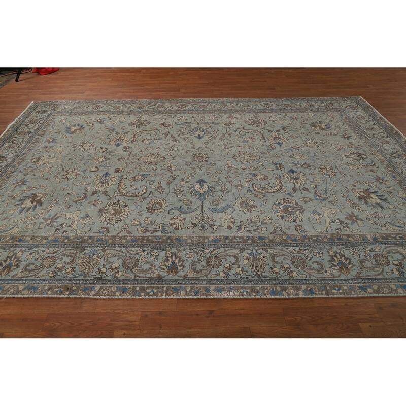 Blue Tabriz Persian Rug Hand-Knotted Distressed Floral Wool Carpet - 7'4"x 10'8"