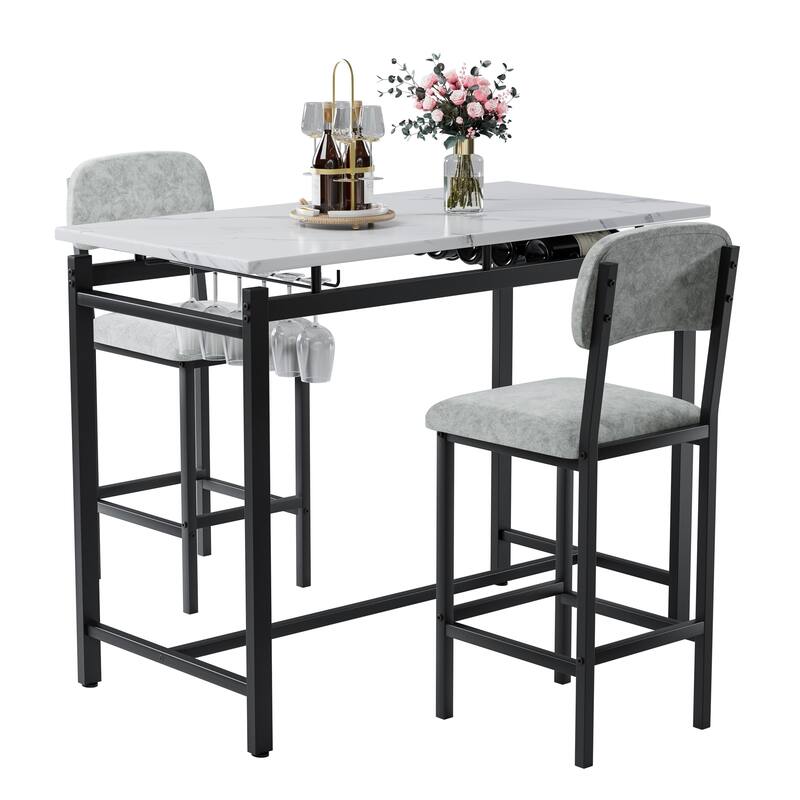 Kitchen Dining Table Chair Set, 3 Piece Counter Height Table Set with Storage Shelves and 2 Upholstered Chairs