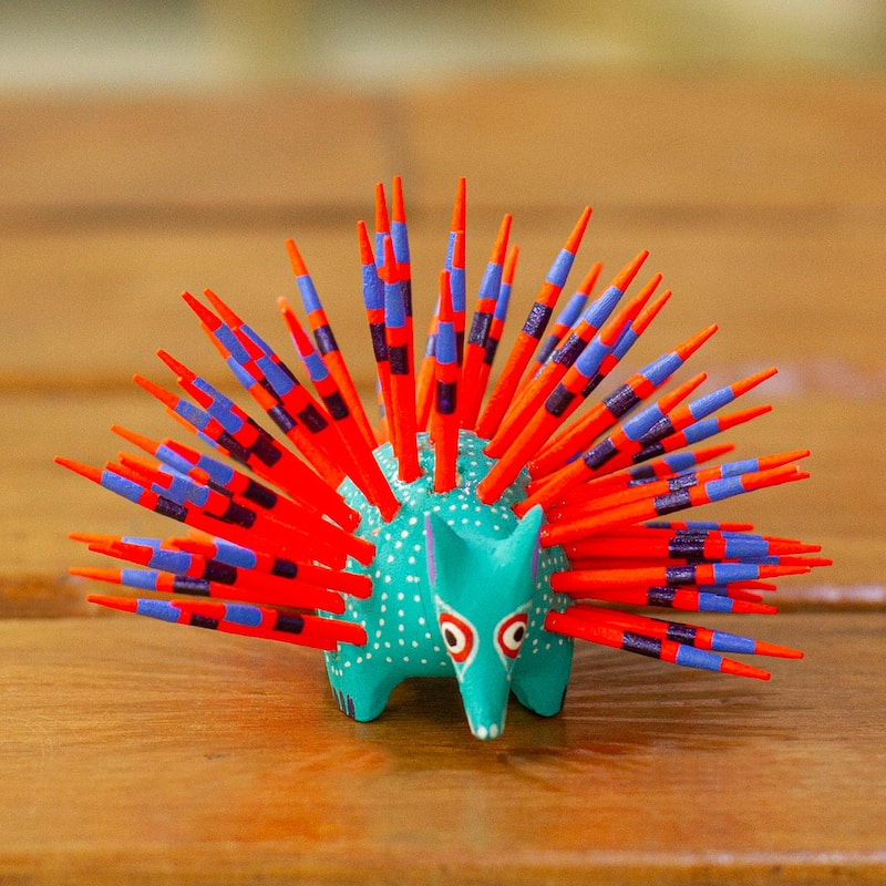 Novica Handmade Cute Porcupine In Turquoise Wood Alebrije Figurine