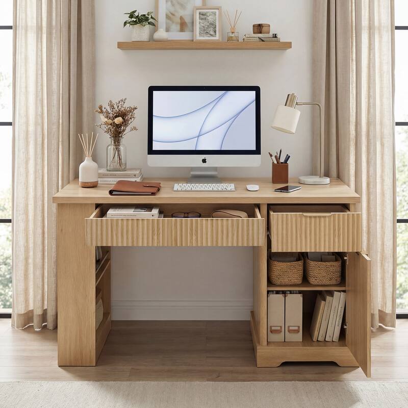 55" Modern Fluted Office Desk with Storage Cabinet & Drawers, Computer Writing Desk with Power Outlet, Pegboard