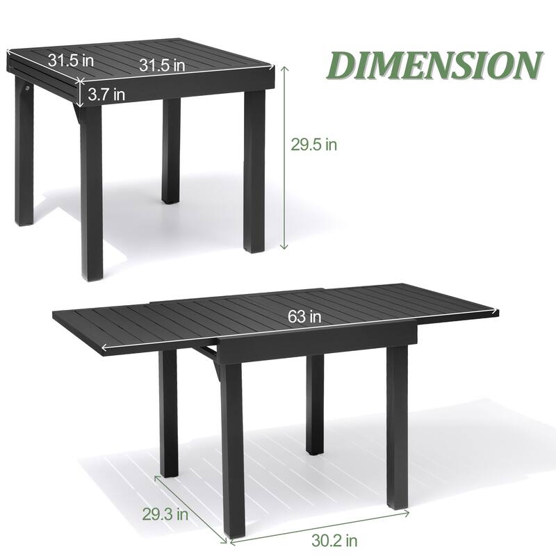 VredHom Outdoor Aluminum Expandable Dining Table for 4-6 People - 63" / 31.5" (L) x 31.5" W x 29.5" H
