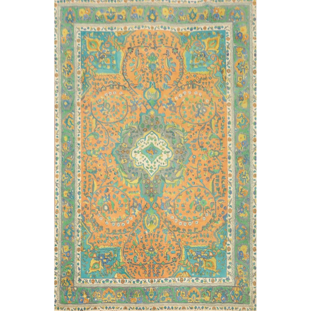 Hand Knotted Oriental 100% Wool Carpet Traditional Floral Oranges & Rust Tabriz Area Rug - 9' 2'' X 6' 3''