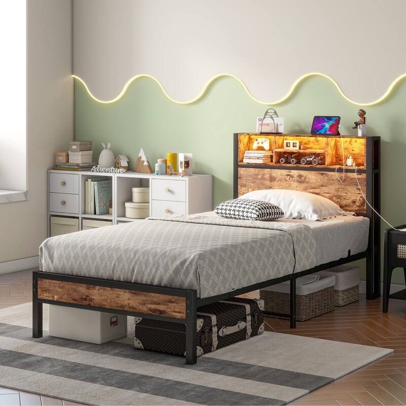 Twin Size Metal Bed Frame with Storage Headboard, Charging Station, and RGB LED Lights