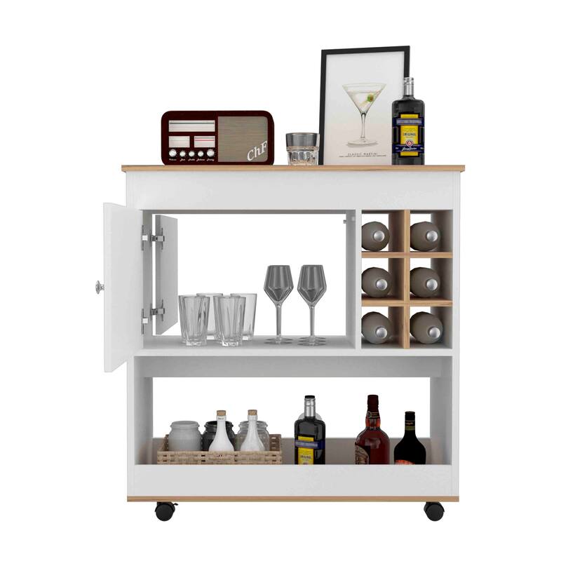 Anmytek Multifunctional Wine Storage Cabinet 6 Bottle Cubbies 1 Cabinet Lower Panel Light Oak and White