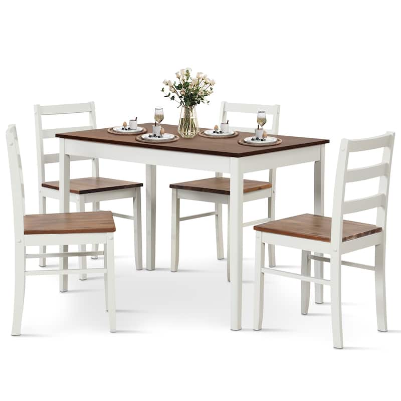 5-Piece Wooden Dining Set with Rubber Wood Table and 4 Chairs Comfortable Seating for Small Spaces - Coffee-White