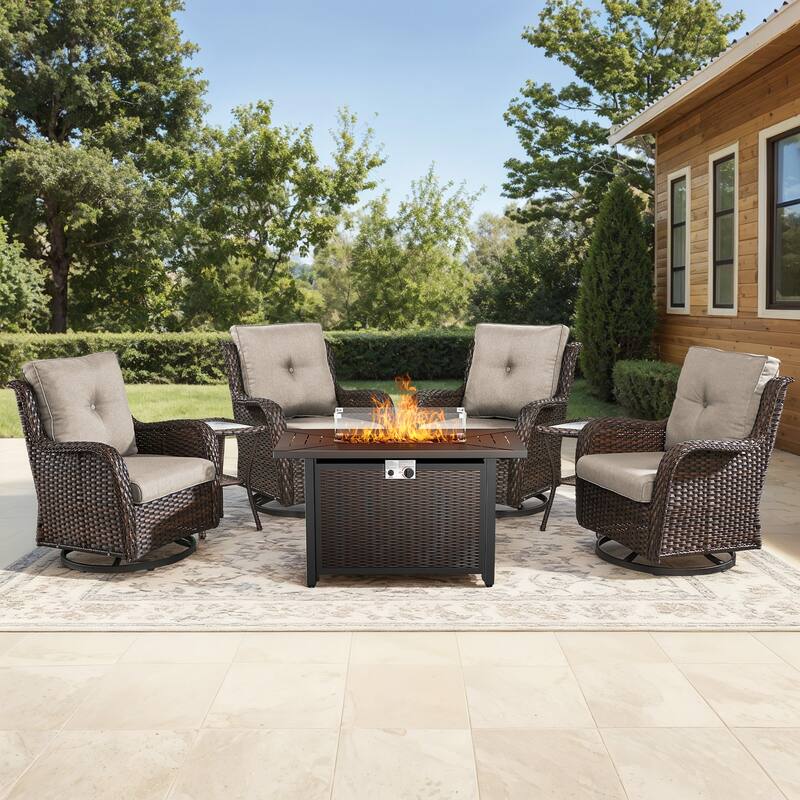 Gymojoy 7-Piece Outdoor Wicker Set with 4 Swivel Rockers & 55,000 BTU Fire Pit Table for Patio - Brown Wicker / Beige Cusion - 7-Piece