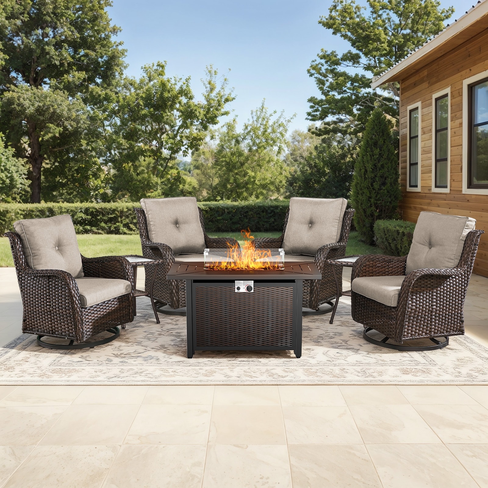 Gymojoy 7-Piece Outdoor Wicker Set with 4 Swivel Rockers & 55,000 BTU Fire Pit Table for Patio