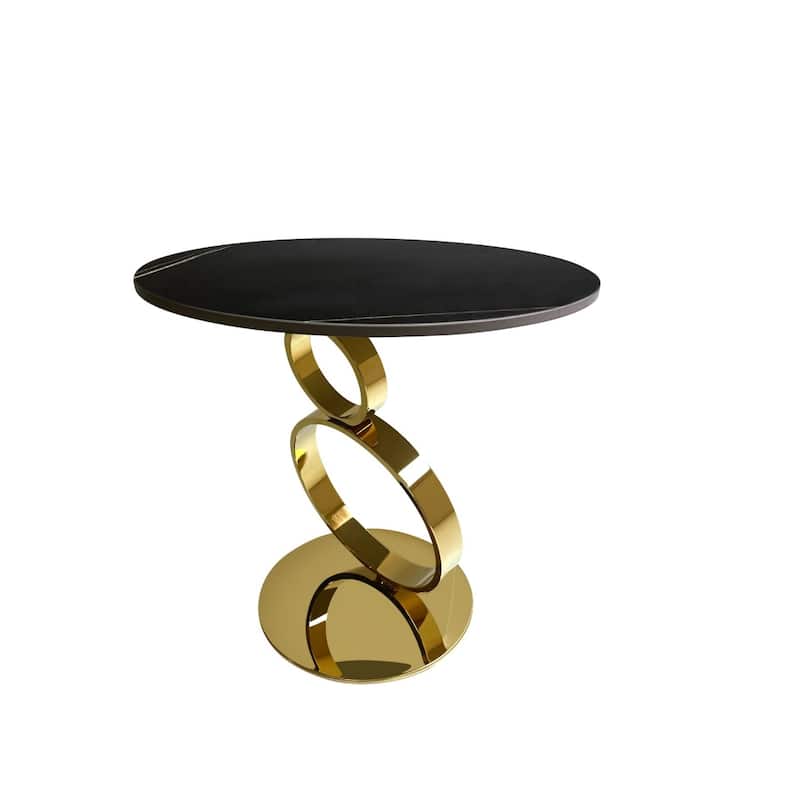 Stone Round End Table with Stainless Steel Pedestal Base - 21.6” x 21.6” x 20.9” (D x W x H) - Black