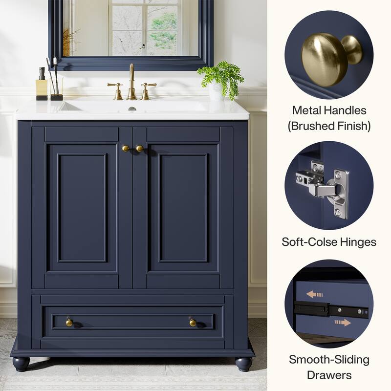 Solid Wood Modern Bathroom Vanity with Ceramic Sink, Adjustable Shelf Storage