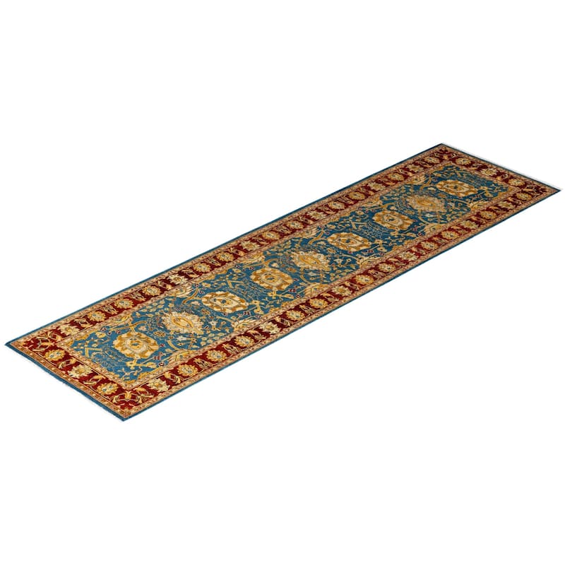 Overton Hand Knotted Wool Vintage Inspired Traditional Ottoman Blue Runner Rug - 2' 6" x 9' 5"