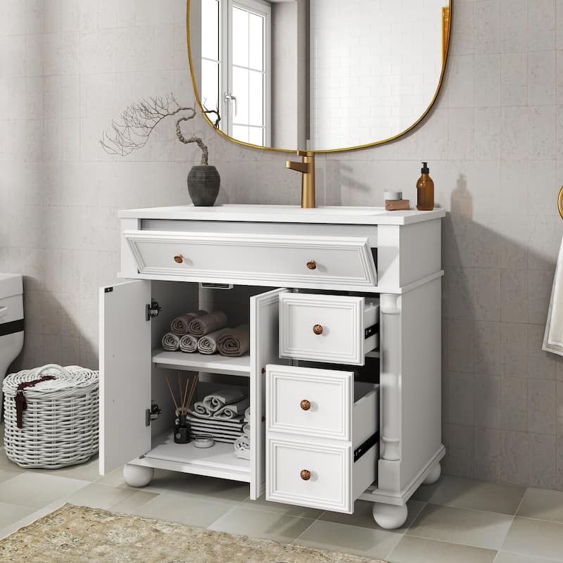 28"/36" Bathroom Vanity with Sink, Integrated Ceramic Basin Vanity Cabinet with Roman Column Base, Solid Wood Frame