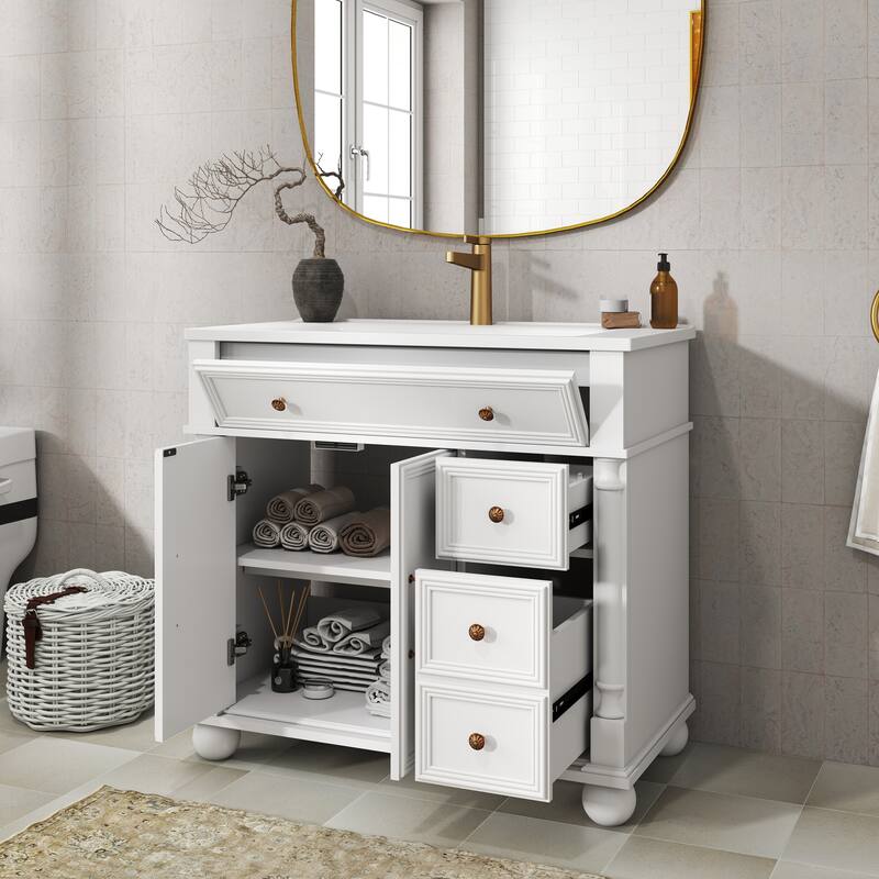 35.6-Inch Mid-Century Bathroom Vanity Sink with Roman Column Base, Farmhouse Freestanding Vanity Cabinet