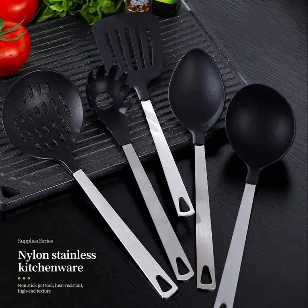 Black Stainless Steel Non-Stick 5-Piece Kitchen Utensil Set with Heat-Resistant Heads