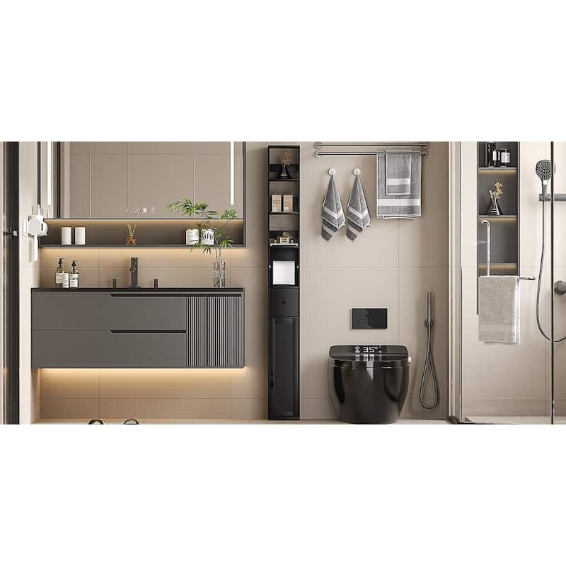 VECELO Tall Bathroom Storage Cabinet, Freestanding Linen Tower with 4-Tier Shelf, 1 Drawer and 1 Cupboards
