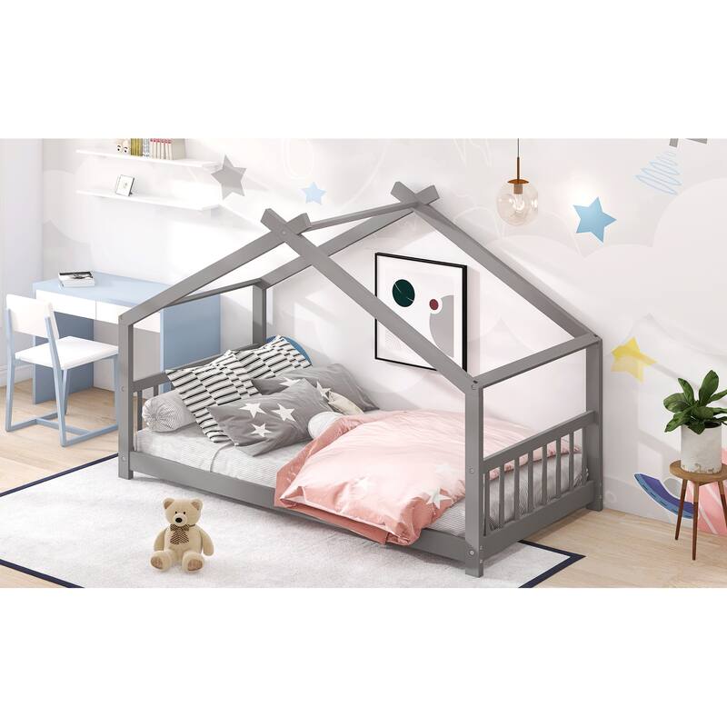 Full Size House Bed with Roof and Sturdy Pinewood Frame, No Box Spring Needed