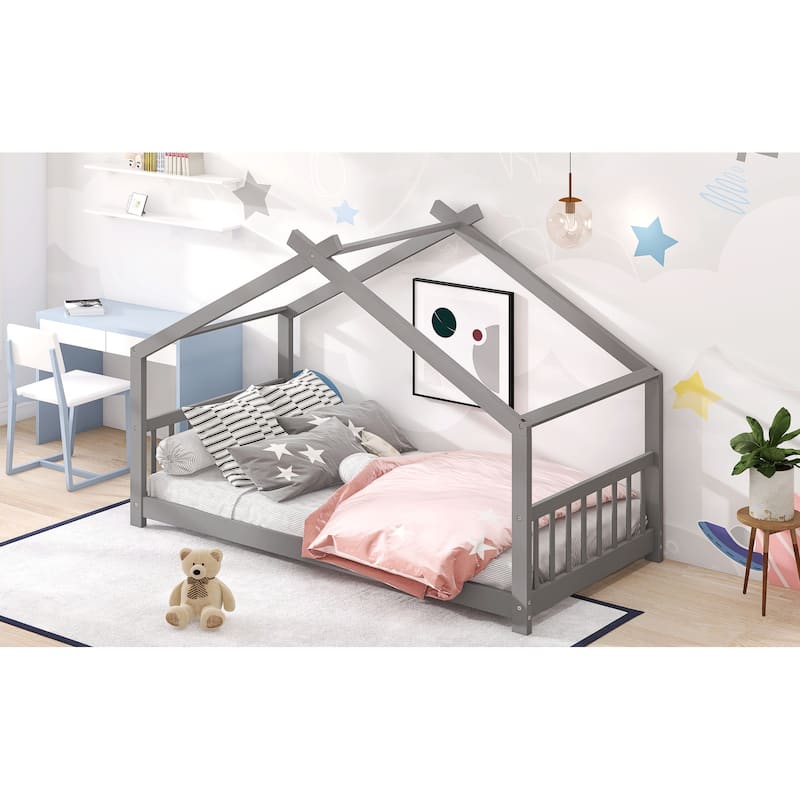 Full/Twin House Bed for Children, Solid Pine Wood Frame with Slats, Playhouse Roof Design, Easy Assembly
